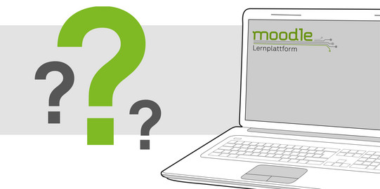 Offene Sprechstunde für Digitale Lehre Laptop mit moodle-Logo und großen Fragezeichen