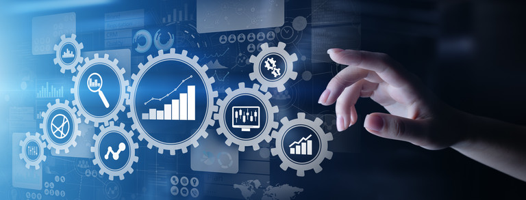 Datenanalyse Diagramme mit Zahnrädern und Symbolen auf einem virtuellen Bildschirm