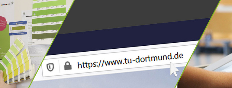 Drei verschiedene Medien Dreigeteiltes Bild: Mitarbeiterin überprüft Farben von Printmedien anhand eines Farbfächers, Internetadresse im Browser, Hand bedient das Hörsaalpult